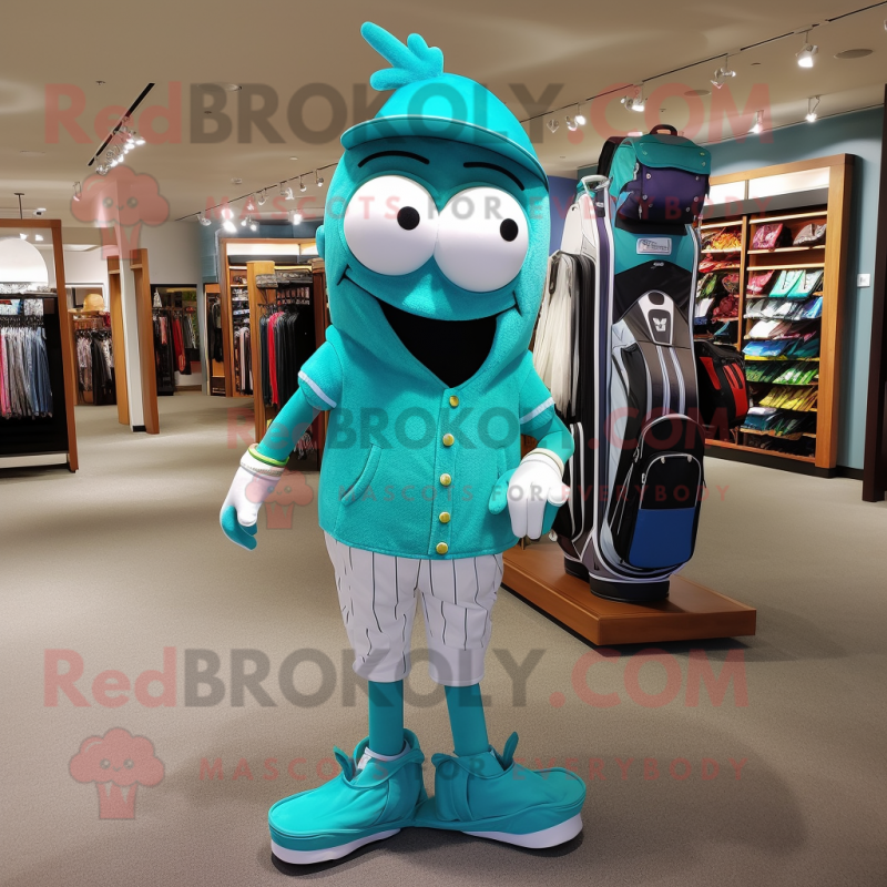 Turquoise Golf Bag mascot costume character dressed with a Mom Jeans and Bracelets Turquoise Golf Bag mascot costume character dressed with a Mom Jeans and Bracelets