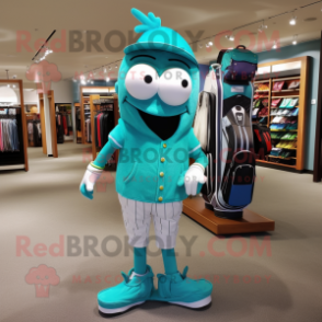 Turquoise Golf Bag mascot costume character dressed with a Mom Jeans and Bracelets