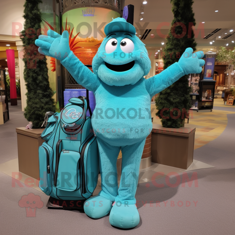 Turquoise Golf Bag mascot costume character dressed with a Mom Jeans and Bracelets Turquoise Golf Bag mascot costume character dressed with a Mom Jeans and Bracelets