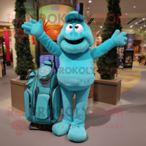 Turquoise Golf Bag mascot costume character dressed with a Mom Jeans and Bracelets