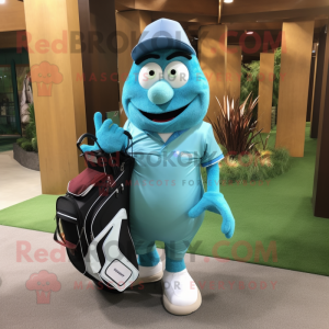 Turquoise Golf Bag mascot costume character dressed with a Mom Jeans and Bracelets