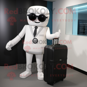 White Computer mascot costume character dressed with a Suit and Briefcases