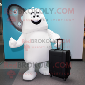 White Computer mascot costume character dressed with a Suit and Briefcases