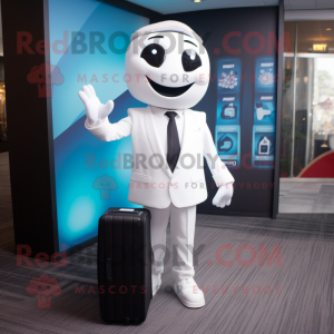 White Computer mascot costume character dressed with a Suit and Briefcases
