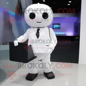 White Computer mascot costume character dressed with a Suit and Briefcases