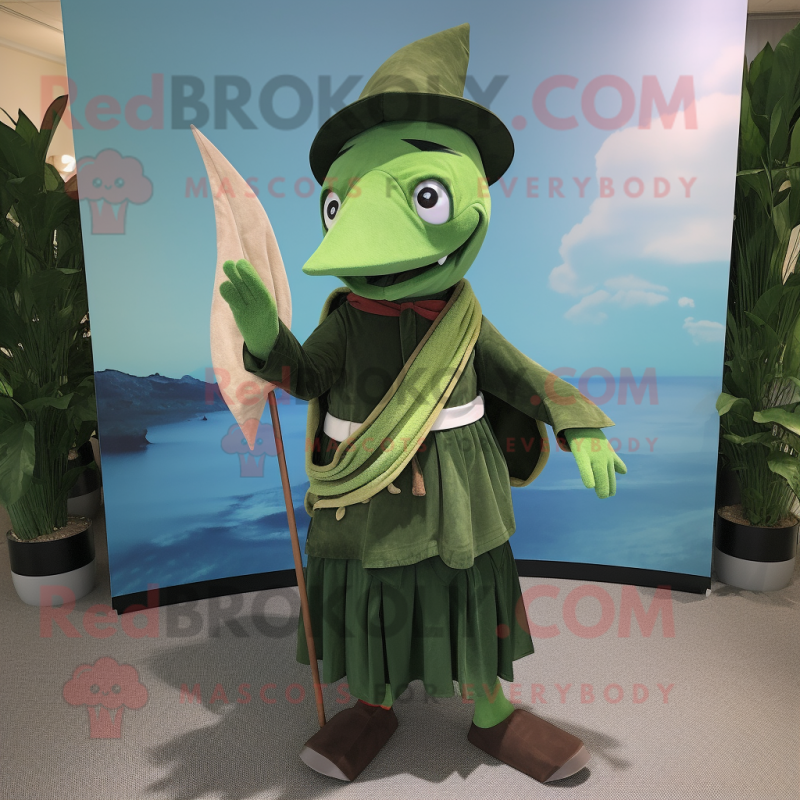 Forest Green Swordfish mascot costume character dressed with a Wrap Skirt and Clutch bags