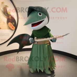 Forest Green Swordfish mascot costume character dressed with a Wrap Skirt and Clutch bags