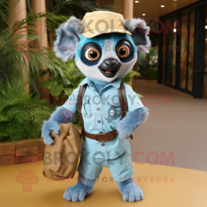 Sky Blue Lemur mascot costume character dressed with a Chambray Shirt and Belts