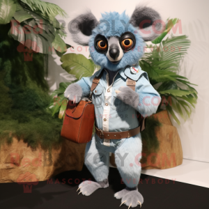 Sky Blue Lemur mascot costume character dressed with a Chambray Shirt and Belts