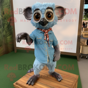 Sky Blue Lemur mascot costume character dressed with a Chambray Shirt and Belts