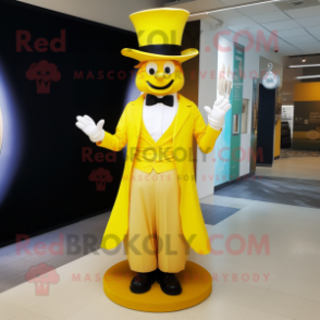 Yellow Ring Master mascot costume character dressed with a Maxi Dress and Bow ties