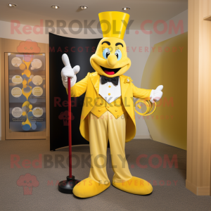 Yellow Ring Master mascot costume character dressed with a Maxi Dress and Bow ties