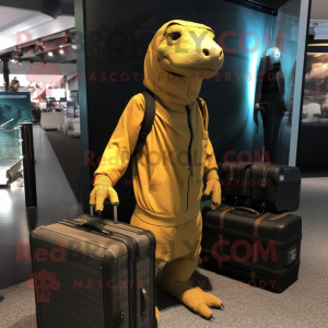 Gold Komodo Dragon mascot costume character dressed with a Hoodie and Briefcases