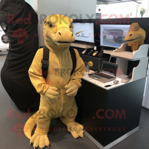 Gold Komodo Dragon mascot costume character dressed with a Hoodie and Briefcases