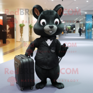 Black Squirrel mascot costume character dressed with a Suit Jacket and Messenger bags