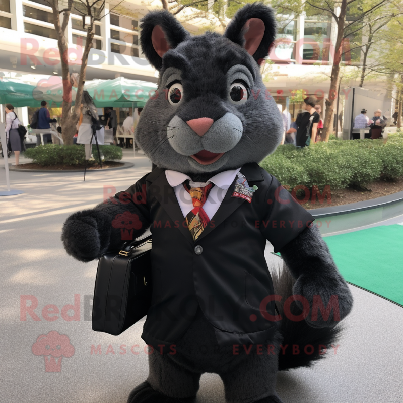 Black Squirrel mascot costume character dressed with a Suit Jacket and Messenger bags Black Squirrel mascot costume character dressed with a Suit Jacket and Messenger bags