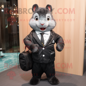 Black Squirrel mascot costume character dressed with a Suit Jacket and Messenger bags