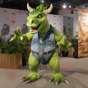 Lime Green Triceratops mascot costume character dressed with a Chambray Shirt and Belts