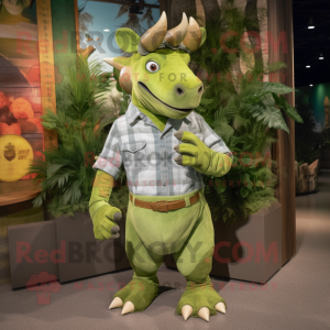 Lime Green Triceratops mascot costume character dressed with a Chambray Shirt and Belts