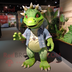 Lime Green Triceratops mascot costume character dressed with a Chambray Shirt and Belts