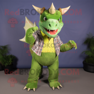 Lime Green Triceratops mascot costume character dressed with a Chambray Shirt and Belts