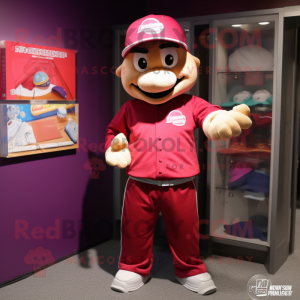Magenta Baseball Ball mascot costume character dressed with a Sweatshirt and Hat pins