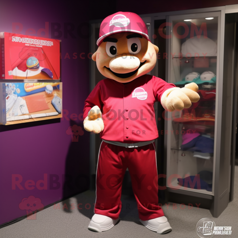 Magenta Baseball Ball mascot costume character dressed with a Sweatshirt and Hat pins Magenta Baseball Ball mascot costume character dressed with a Sweatshirt and Hat pins