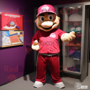 Magenta Baseball Ball mascot costume character dressed with a Sweatshirt and Hat pins