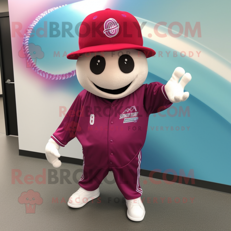 Magenta Baseball Ball mascot costume character dressed with a Sweatshirt and Hat pins