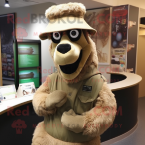 Olive Camel mascot costume character dressed with a Sweatshirt and Hats