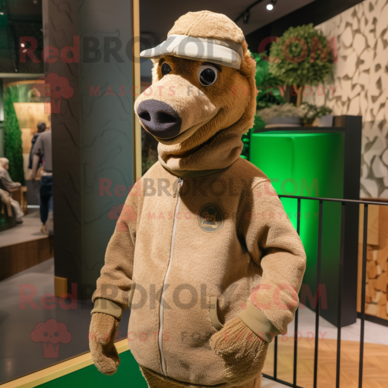 Olive Camel mascot costume character dressed with a Sweatshirt and Hats