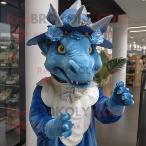 Blauw Triceratops mascotte...