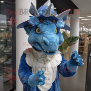 Blue Triceratops mascot costume character dressed with a Playsuit and Hat pins