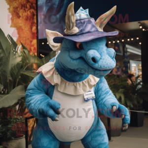 Blue Triceratops mascot costume character dressed with a Playsuit and Hat pins