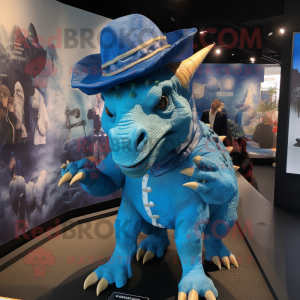 Blue Triceratops mascot costume character dressed with a Playsuit and Hat pins