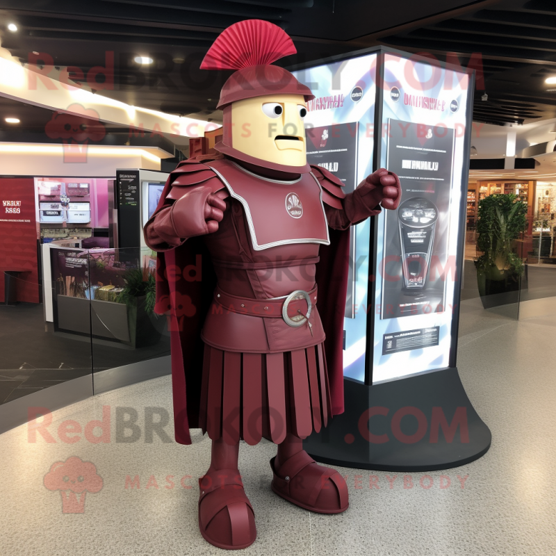 Maroon Roman Soldier mascot costume character dressed with a Pleated Skirt and Keychains Maroon Roman Soldier mascot costume character dressed with a Pleated Skirt and Keychains