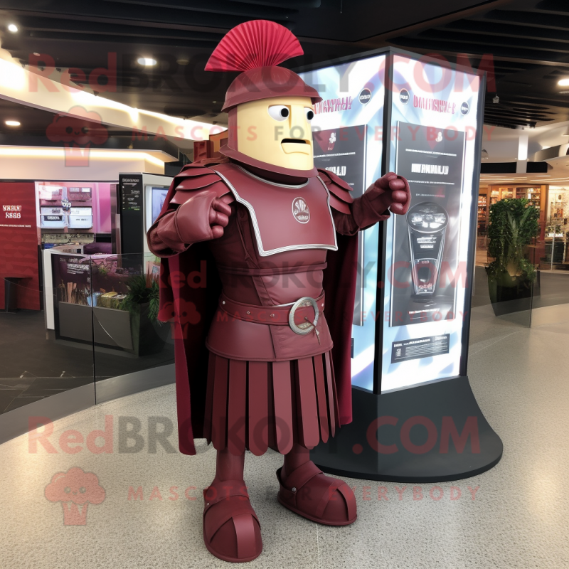 Maroon Roman Soldier mascot costume character dressed with a Pleated Skirt and Keychains