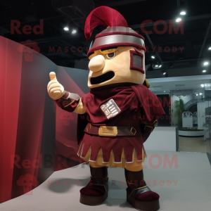 Maroon Roman Soldier mascot costume character dressed with a Pleated Skirt and Keychains