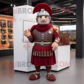 Maroon Roman Soldier mascot costume character dressed with a Pleated Skirt and Keychains