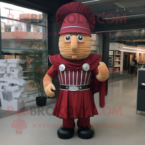 Maroon Roman Soldier mascot costume character dressed with a Pleated Skirt and Keychains