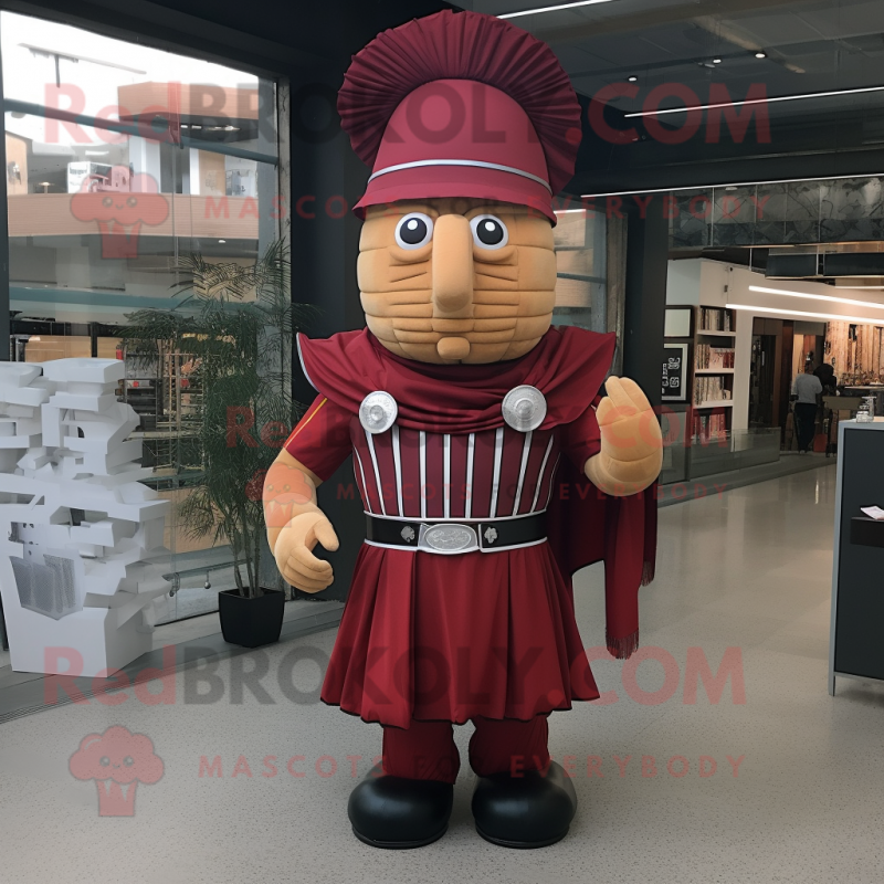Maroon Roman Soldier mascot costume character dressed with a Pleated Skirt and Keychains Maroon Roman Soldier mascot costume character dressed with a Pleated Skirt and Keychains