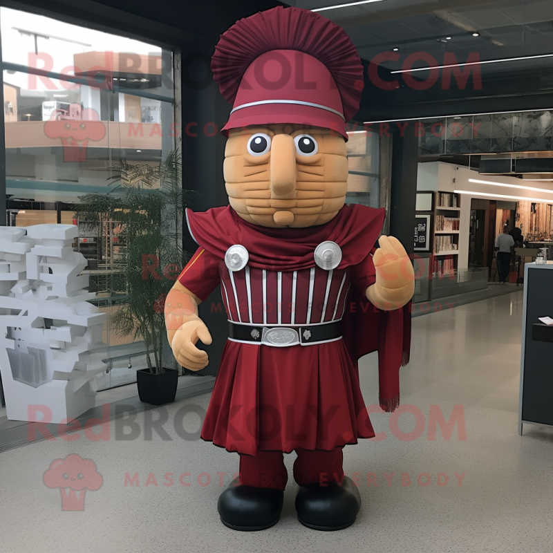 Maroon Roman Soldier mascot costume character dressed with a Pleated Skirt and Keychains