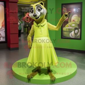 Lime Green Meerkat mascot costume character dressed with a Circle Skirt and Shoe clips