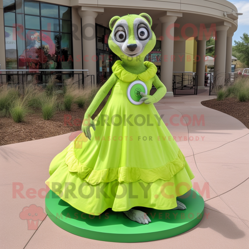 Lime Green Meerkat mascot costume character dressed with a Circle Skirt and Shoe clips Lime Green Meerkat mascot costume character dressed with a Circle Skirt and Shoe clips