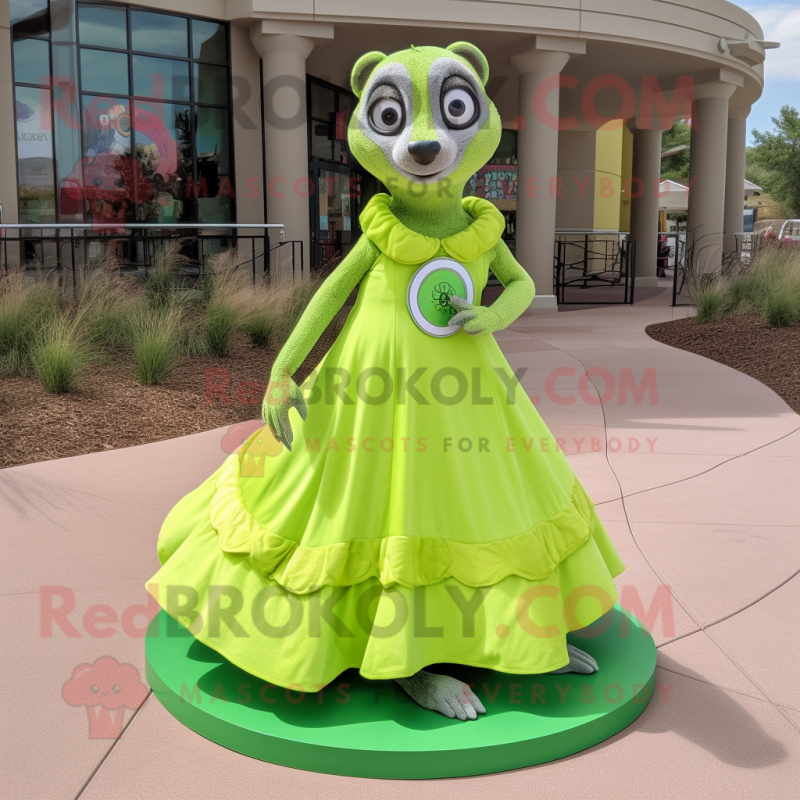 Lime Green Meerkat mascot costume character dressed with a Circle Skirt and Shoe clips