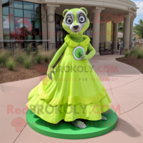 Lime Green Meerkat mascot costume character dressed with a Circle Skirt and Shoe clips