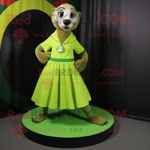 Lime Green Meerkat mascot costume character dressed with a Circle Skirt and Shoe clips