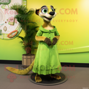 Lime Green Meerkat mascot costume character dressed with a Circle Skirt and Shoe clips