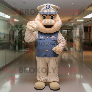 Beige Navy Soldier mascot costume character dressed with a Long Sleeve Tee and Hats