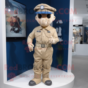 Beige Navy Soldier mascot costume character dressed with a Long Sleeve Tee and Hats